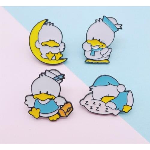 Cartoon Cute Animal Duck Enamel Brooch Duck Shopping Sleeping Moon Alloy Pins Sweet Badge Accessories Woman Jewelry Gift For Kid