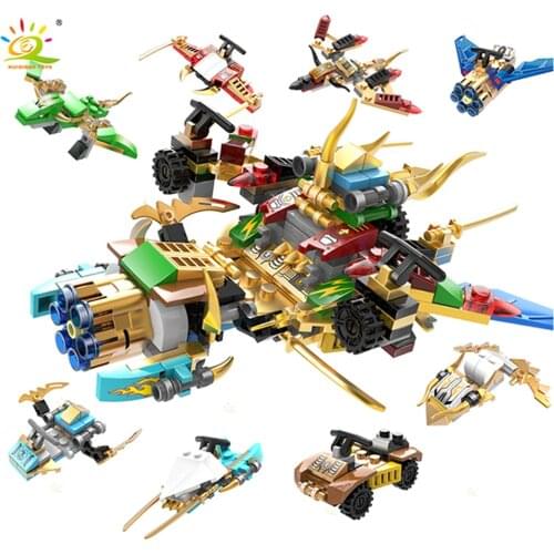 HUIQIBAO 338Pcs Ninja 8IN1 Fighter Aircraft DIY Model Building Blocks Boys Weapons Figures Bricks City Assembly Toy For Children