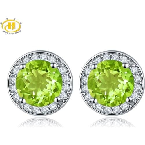 Hutang Round Earrings Made With 1.88ct Natural Gemstone Peridot Solid 925 Sterling Silver Crystal Fine Jewelry For Womens Gift