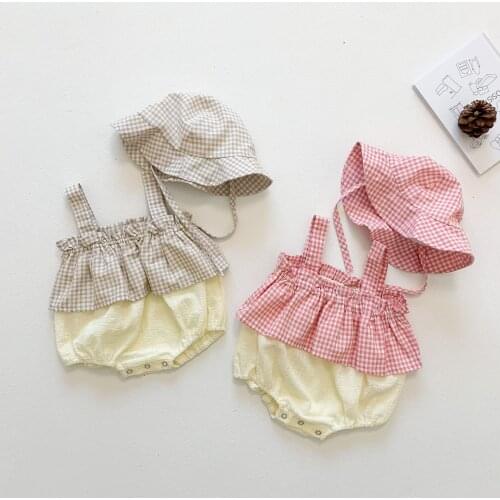2021 Summer Baby Girl Clothing Set Newborn Infant Plaid Sling Rompers Jumpsuit Infant Sleeveless Bodysuits Casual Clothes + Hat