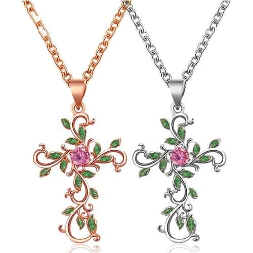 Hot Selling Flower Cross Pendant Necklace Crystal Leaf Clavicle Chain Christian Religious Chokers Necklace Accessories