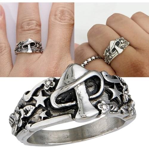 Punk Men Rings Mushroom Star Flower Minimalist Jewelry Gothic Vintage Massive Statement Mens Signet Ring Gift For Husband