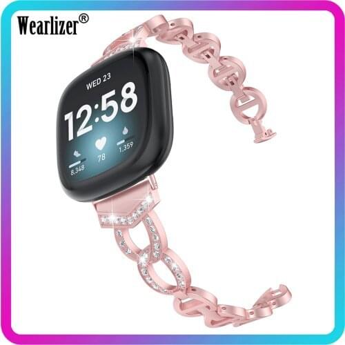 Wearlizer Metal Diamond Bracelet for Fitbit Sense Band Stainless Steel Loop Wrist Strap for Fitbit Versa 3 Diamond Watch Band