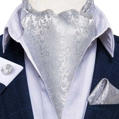 Luxury Mens Ascot Silver Floral Silk Necktie Cravat Pocket Square Cufflinks Set Wedding Party British Style Ascot Tie DiBanGu