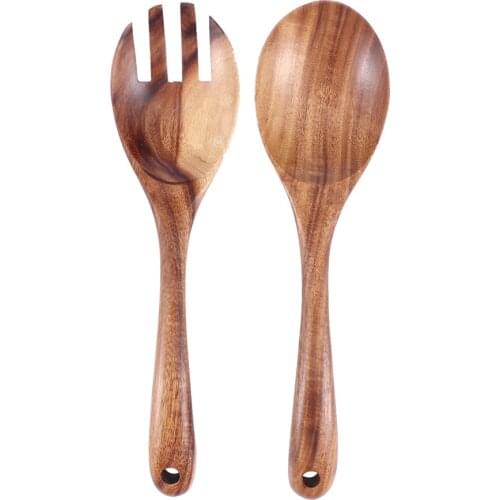 Natural Kitchen Wooden Spoon Set Large Salad Dinner Serving Spoons Server Wood Fork Spoon Cutlery Set Wooden Utensils Tableware