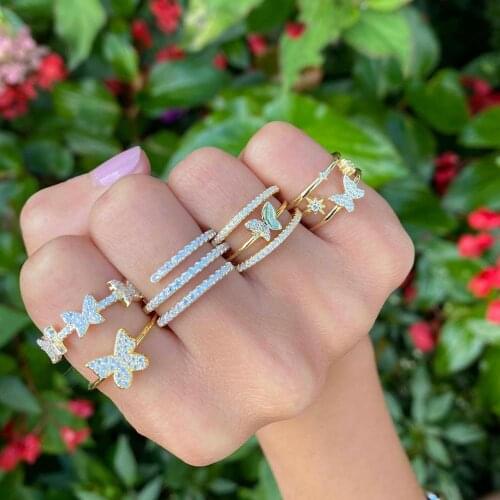 2021 Spring New Girl Women Jewelry Micro Pave White Cubic Zirconia Three CZ Butterfly Gold Color Women Rings