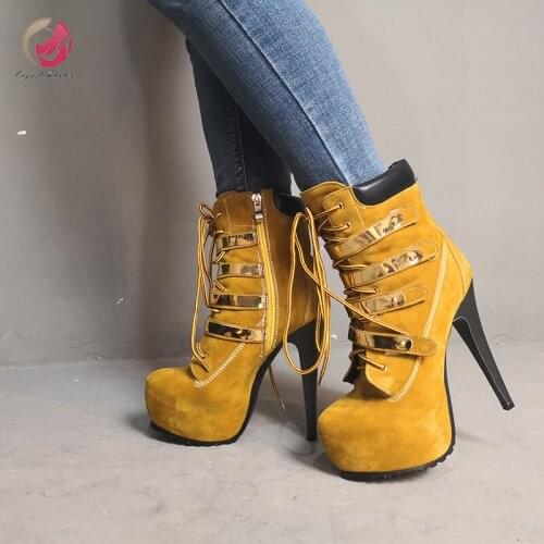 Original Intention High Platform Yellow Women Ankle Boots 4 Gold Buckles Lace-up High Heels Winter Boots Stylish Concise Shoes