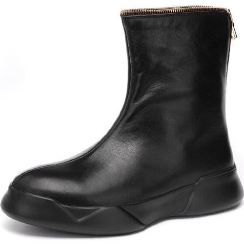 Autumn Winter Zippered Cowboy Boots Mens Ankle Boots Mens Riding Boots Cowhide Genuine Leather British RetroShort Boots