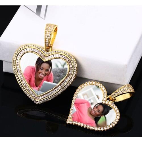 Personalized Engraved Name Custom Pendant Photo Heart Pendant Necklace Mens Women Hip Hop Jewelry With Tennis Chains Gift