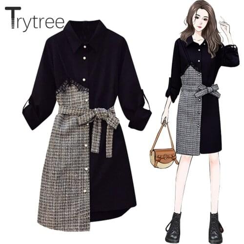 Trytree 2021 Spring Summer Womens Dress Casual Single Breasted Lace Plaid Patchwork Knee-Length Office Lady Shirt Black Dress