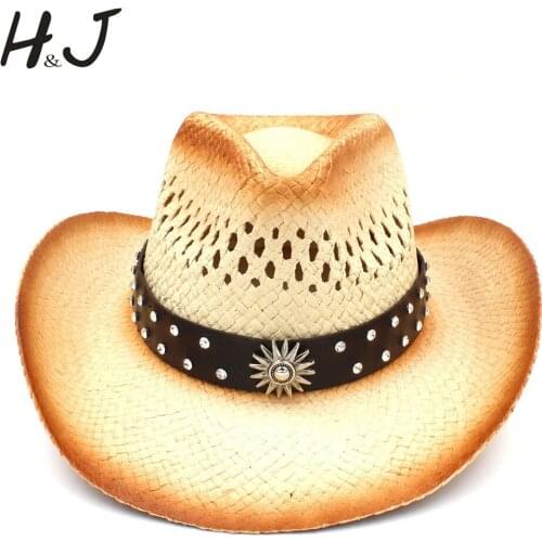Women Men Western Cowboy Hat With Punk Leather Ribbon Lady Dad Straw Beach Sun Sombrero Cap Roll Up Brim Size 58CM