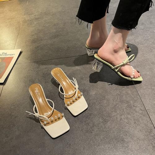 Aneikeh Summer Women Shoes Slippers Slides PU Spike High Heels Solid Outside Shallow White New 2021 Fashion Adult