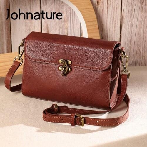 Johnature Retro Genuine Leather Women Bag 2021 New Versatile Nature Cowhide Solid Color Shoulder & Crossbody Bags Luxury Handbag