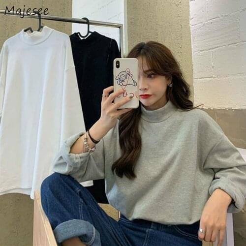 Long Sleeve T-shirts Women Autumn Thicken Drop-shoulder Half Turtleneck Solid Basic Simple Classical Chic All-match Korean Tops