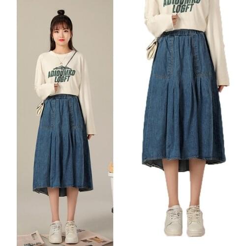 2021 summer new plus size womens pleated fluffy denim skirt high waist a-line mid-length loose umbrella skirt