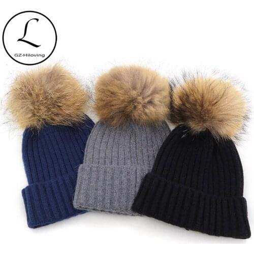 GZHILOVINGL Womens Winter Hat Real Fur Pom Pom Knitted Wool Beanie Skullies Casual Outdoor Ski Caps Thick Warm Hats For Women