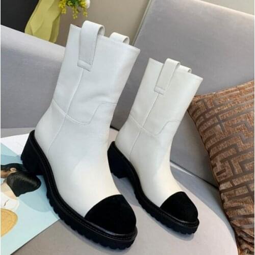 Top leather white Genuine Leather Black border flats women boots mid celf cool shoes women