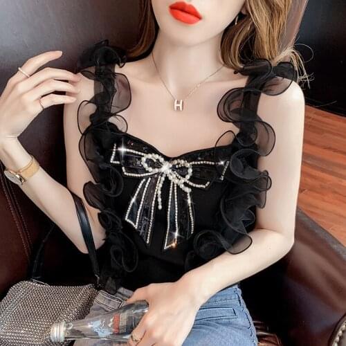 Women Tank Tops Sexy Crop Vest Solid Lace Edible Tree Fungus Female Off Shoulder Black Nail Bead Summer Women Hollow Out Tops OL