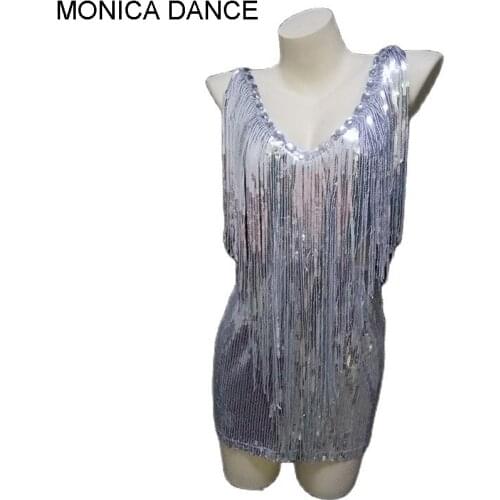 Women Sexy Stage Silver Sequins Tassels Mini Short Dress Bar Party Nightclub DJ Female Singer Dancer Skinny Birthday Dress
