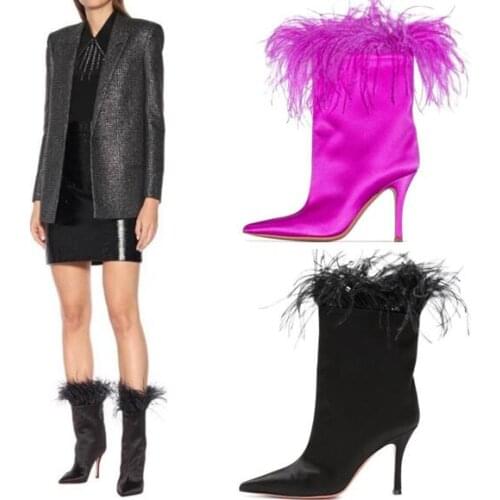 Dipsloot Hot Pink Black Silk Feather Mid-calf Boots Woman 9 cm Thin Heels Pointed Toe Slip On Short Fur Boots Big Size 47