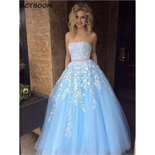 Light Blue Prom Dress 2021 Women Formal Party Night Elegant A-Line Applique Tulle Vestidos De Gala Sleeveless Long Evening Gowns