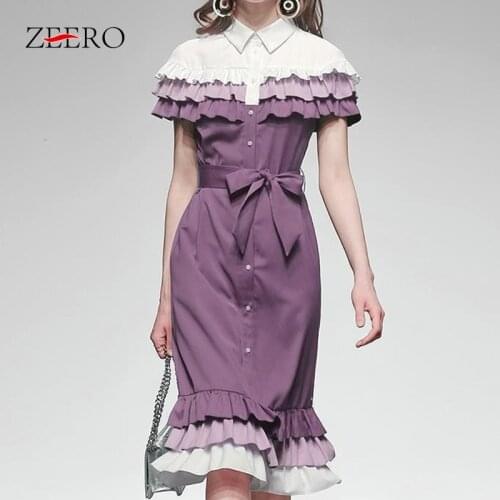 Spring Summer Women Lapel Cascading Ruffles Shawl Sleeve Stitching Color Dress Female Belt Single-breasted Slim A-line Dresses