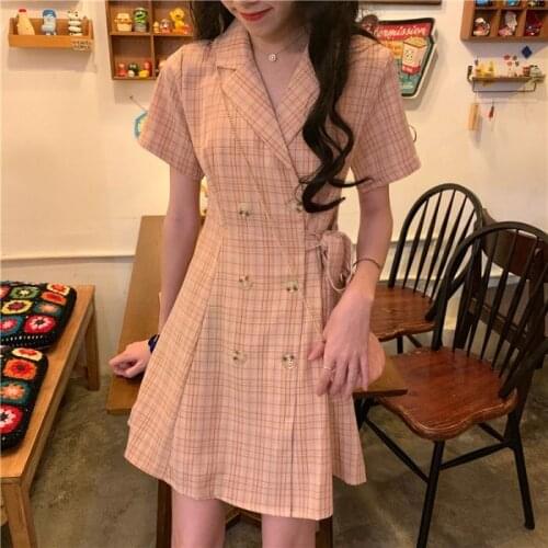 Dresses for Women Retro Dress 2021 Summer Suit Collar Double Plaid A- line Short Skirt for Women Vestido De Mujer Femme Robe