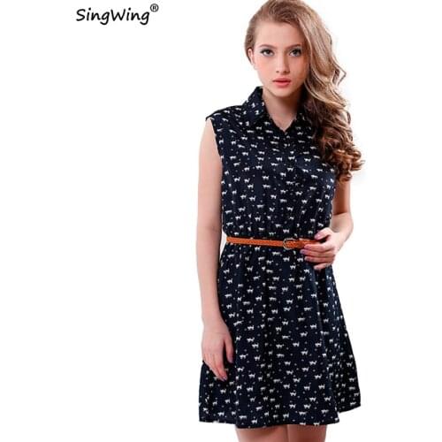 Singwing Women summer Dresses Cat Footprints Pattern Show Thin Lady Chiffon Dresses Cat Footprints Dress With Belt High Quality