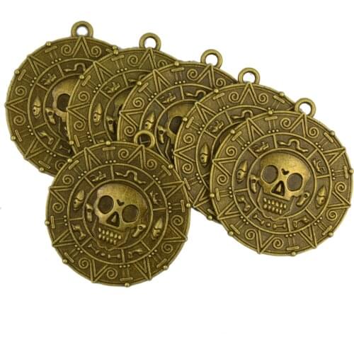 6 Pieces Pirate Aztec Coins Locket Skull Charms Pendant Bronze
