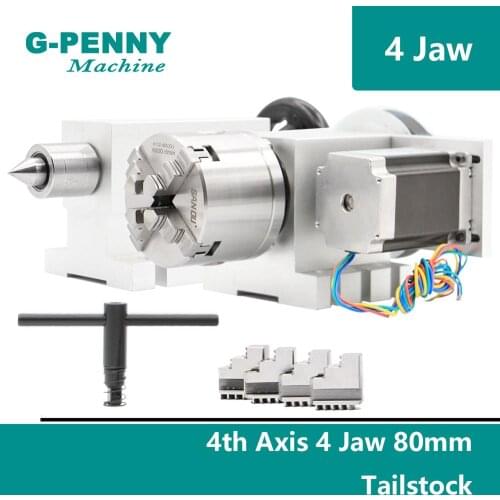 80mm 4 Jaw CNC 4th Axis+Tailstock CNC dividing head/Rotation Axis/A axis kit for Mini CNC router/engraver woodworking engraving