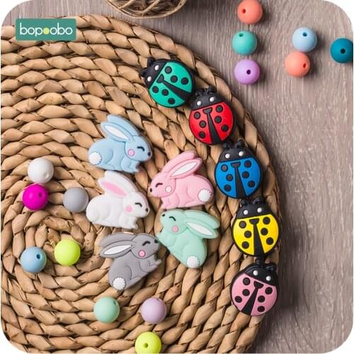 Bopoobo 5pc Silicone Panda Beads Rodent Baby Teething Silicone Rabbit Beads Silicone Pearl Teether Beads Baby Silicone Teether