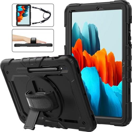 For Samsung tab s7 SM-T870/T875/T876 11" Case 360 Rotating Stand Hand Strap Pencil Holder Cover Funda Protective Case + Strap