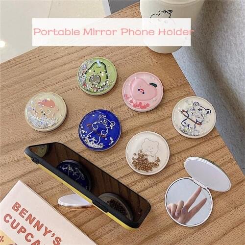 Foldable Phone Holder Stand Kawaii Iquid Quicksand Mobilephones Pocket Socket Support With Makeup Mirror Tablets Telephone