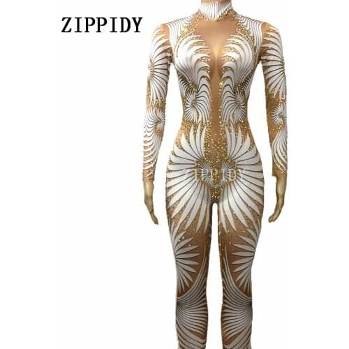 Geometric Printed Big Stretch Jumpsuit Sparkly Rhinestones Bodysuit Stage Wear Womens Celebrate Shining Crystals Costume Outfit