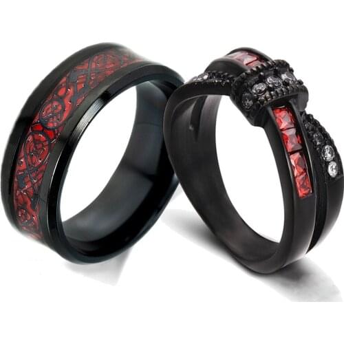 FDLK Couple Rings - Mens Classic Red Dragon Ring and Women Red Garnet Cross Crystal Bride Engagement Wedding Ring