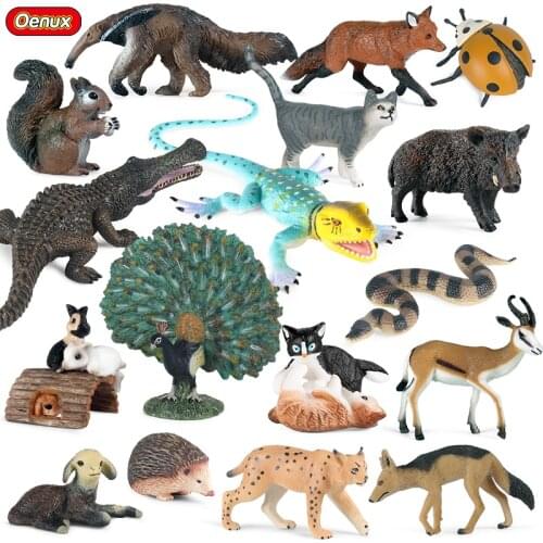Oenux Wild Animals Snail Peacock Snake Squirrel Ladybug Model Action Figure Farm Cat Rabbit Figurines Miniature Lovely Kids Toy
