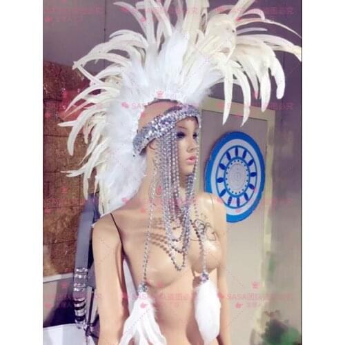 White horse feather headdress costumes Nightclub bar sexy singer DJ dance GOGO show stage headwears