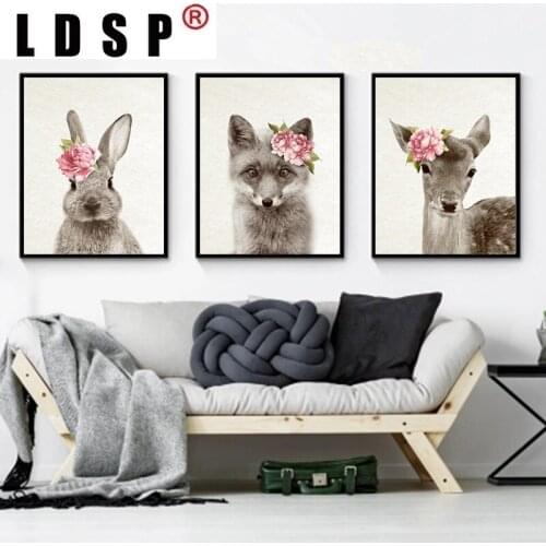 LDSP Canvas Painting Flowers Fox Fawn Rabbit Wall Art Picture Woodland Animal Poster Print Minimalist Kids Baby Room Decor