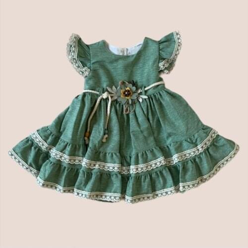 Female Child Green Two Layers Frilly Mealy Dress Button Standard Moon Trend Round Neck Cotton Piliseli Short