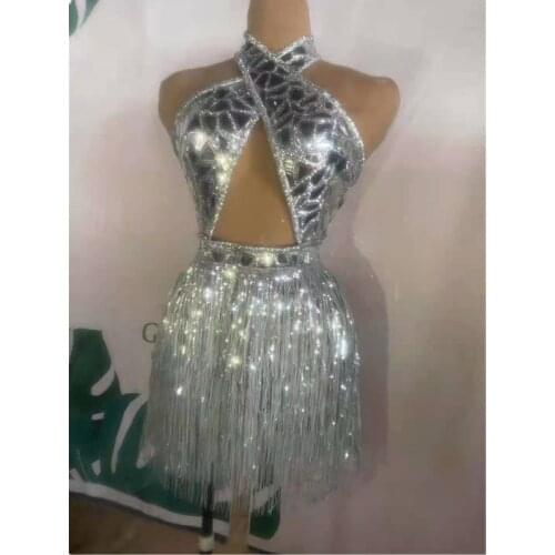 Silver Sequin Fringe Short Dress Evening Women Dancer Singer DS Show Outfit Wear Birthday Celebrate Bar Prom Dress