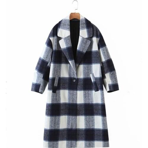 Merodi Autumn Winter Women Vintgae Plaid Blue Long Woolen Jacket Outwear Female Stylish Single Breasted Thick Coats Oversize