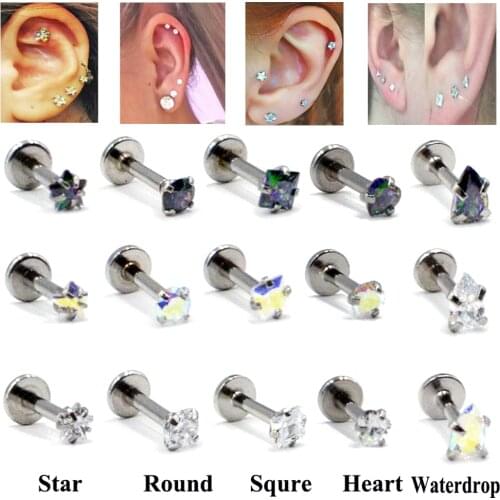 1PC 16g Surgical Steel Internally Threaded prong Set Crystal Zircon Labret Lip Stud Ear Helix Tragus Top Upper Earring Piercing