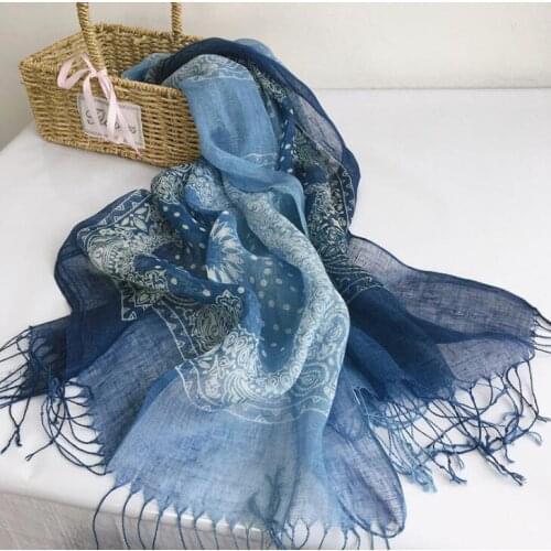 Gradient Blue Color Linen Soft Scarves Women Tie Dyed Ethnic Design Scarf Summer Travel Sunscreen Long Shawl 60x185cm