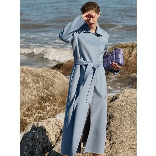 Fog blue double-sided cashmere coat womens mid-length high-end 2021 new autumn woolen coat