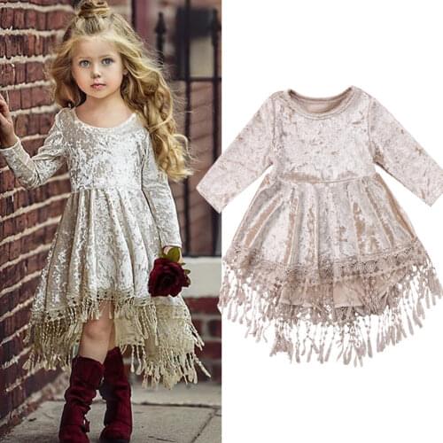 Pudcoco 6M-5Y Dress Princess Baby Kids Flower Girls Velvet Pageant Party Long Sleeve Tassel Cute Ball Gown Sundress