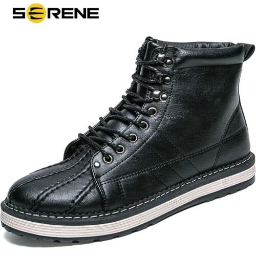 SERENE Winter Warm Men Boots Fashion British Russian Leather Lace Up Ankle Male Shoes Size39-44 Teenager Non-slip Snow Footwear