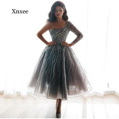 Blue Luxury Crystal Evening Dress Ball Gowns Saudi Arabia Tea-Length One Shoulder Middle East Party Dress Evening Gowns Clothing