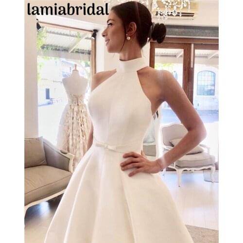 Modest Plus Size Cheap Wedding Dresses 2019 Vestido De Novia A Line Halter White Simple Satin Arabic African Elegant Bridal Gown