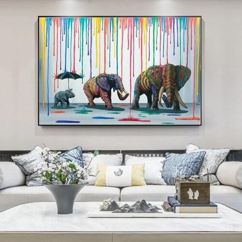 Elephant Family in Rainbow Rain Graffiti Street Art Animal Canvas Painting Posters and Prints Wall Picture for Living Room Decor