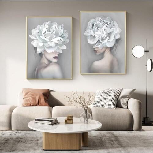 Modern Nordic Floral Headdress Woman Abstract Canvas Wall Art Print Poster Picture Decorative Painting Living Room Home Decor